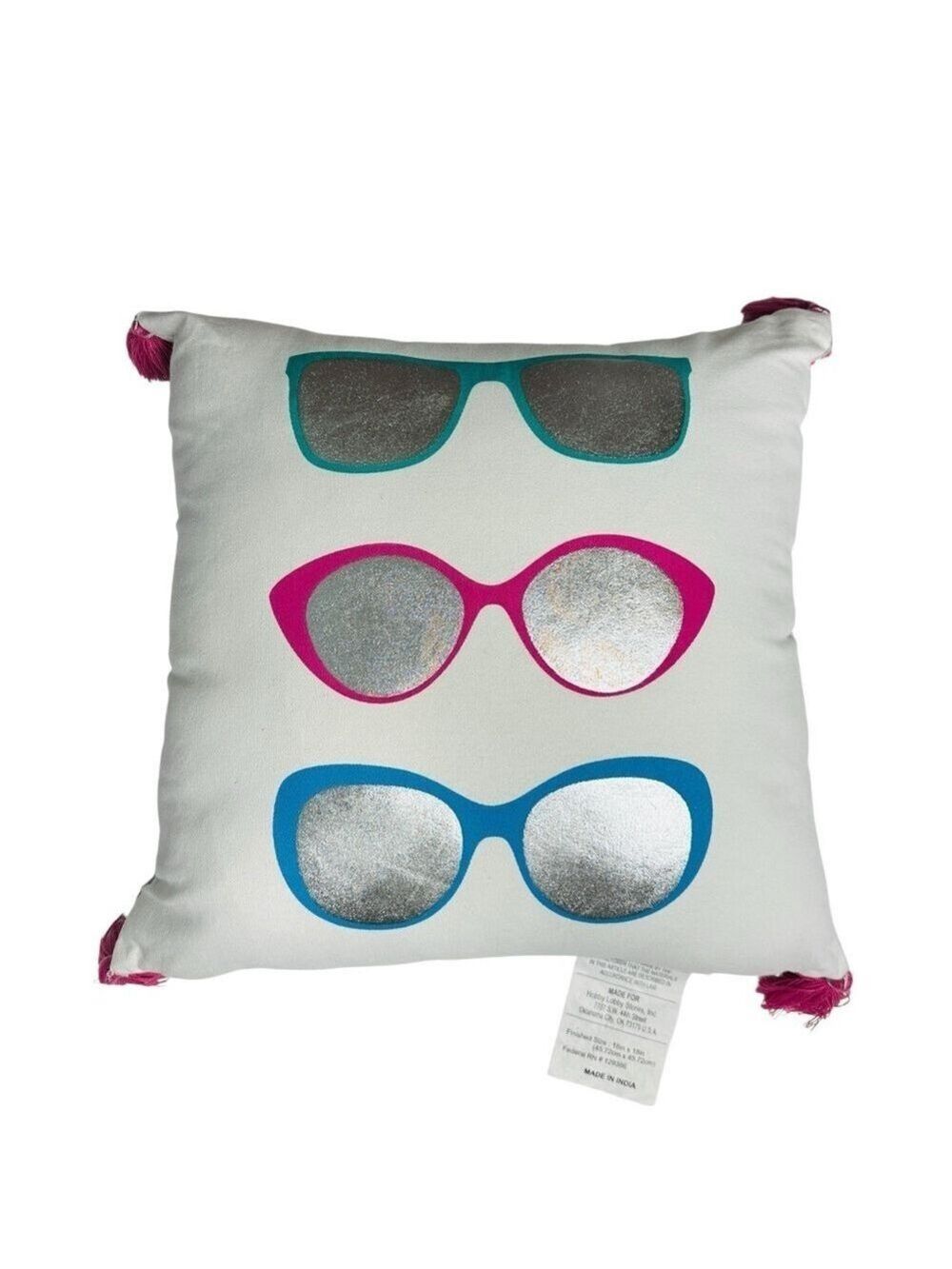 Sunglasses Decorative Throw Pillow‎ White with Metallic Design and Tasselled